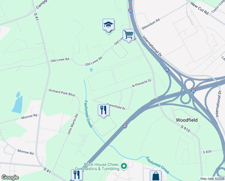 map of restaurants, bars, coffee shops, grocery stores, and more near 6324 North Pinnacle Drive in Spartanburg