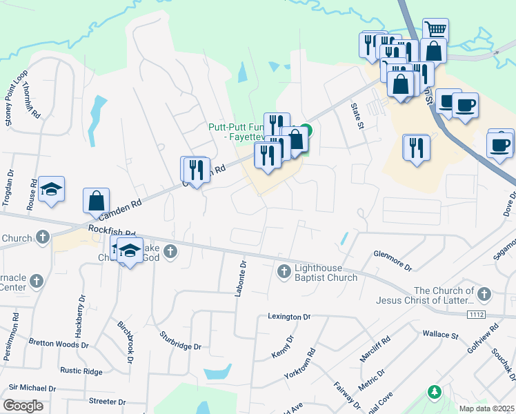 map of restaurants, bars, coffee shops, grocery stores, and more near 3581 Birchfield Court in Hope Mills