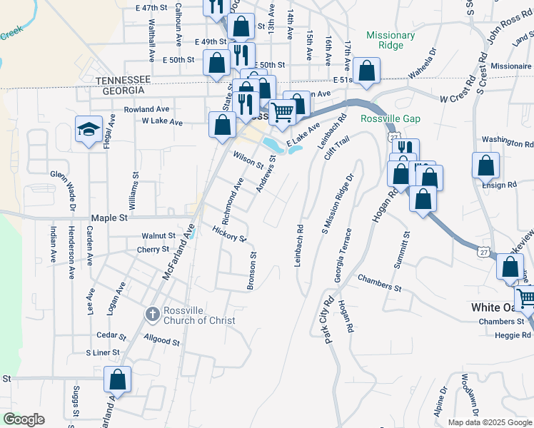 map of restaurants, bars, coffee shops, grocery stores, and more near 402 Missionary Avenue in Rossville