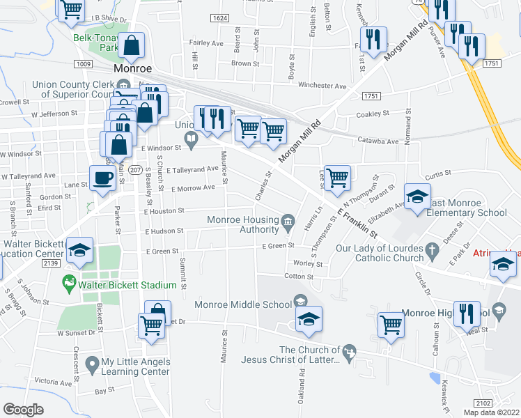 map of restaurants, bars, coffee shops, grocery stores, and more near 500 Everette Street in Monroe