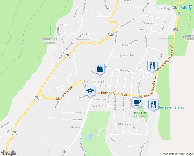 map of restaurants, bars, coffee shops, grocery stores, and more near 1206 Lula Lake Road in Lookout Mountain