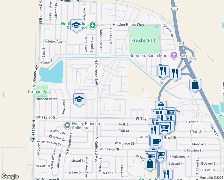 map of restaurants, bars, coffee shops, grocery stores, and more near 519 West Taylor Street in Santa Maria