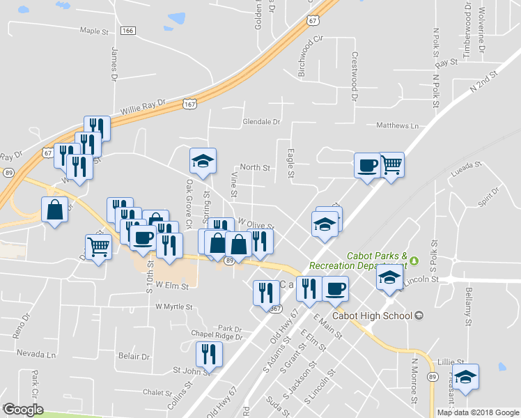 map of restaurants, bars, coffee shops, grocery stores, and more near 427 West Locust Street in Cabot
