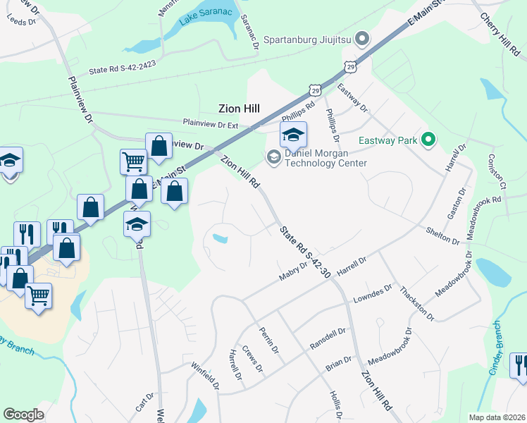 map of restaurants, bars, coffee shops, grocery stores, and more near 104 Cypress Lane in Spartanburg