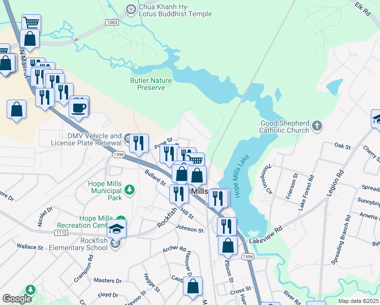 map of restaurants, bars, coffee shops, grocery stores, and more near 5513 Brown Street in Hope Mills