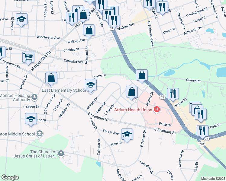 map of restaurants, bars, coffee shops, grocery stores, and more near 508 Deese Street in Monroe