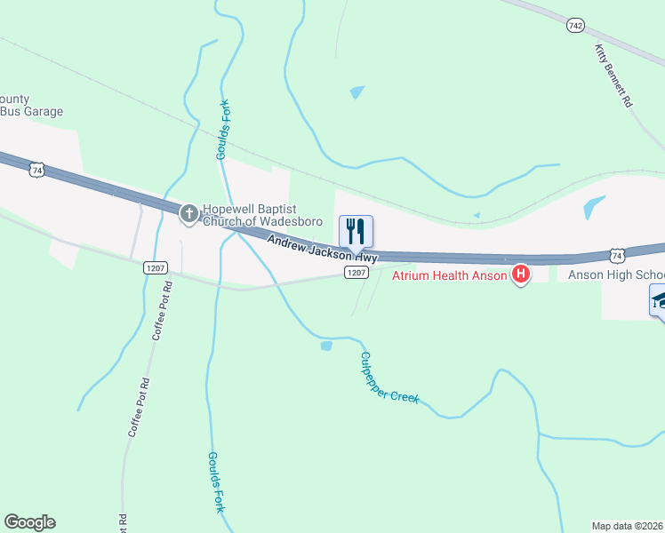 map of restaurants, bars, coffee shops, grocery stores, and more near 2735 Us Highway 74 W in Wadesboro