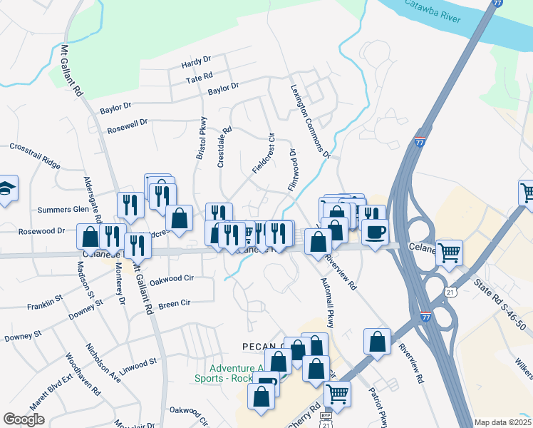 map of restaurants, bars, coffee shops, grocery stores, and more near 1635 Cedarview Court in Rock Hill