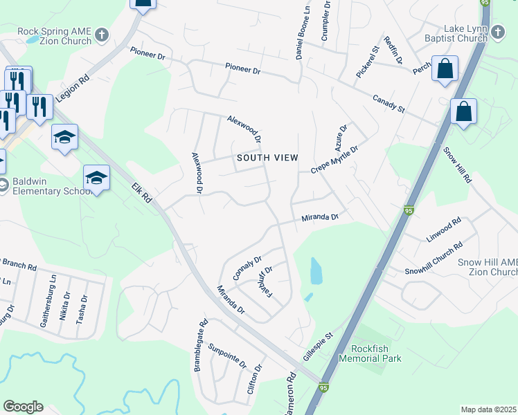 map of restaurants, bars, coffee shops, grocery stores, and more near 806 Alexwood Drive in Hope Mills