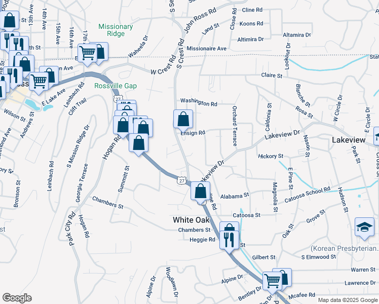 map of restaurants, bars, coffee shops, grocery stores, and more near 1310 South Crest Road in Rossville