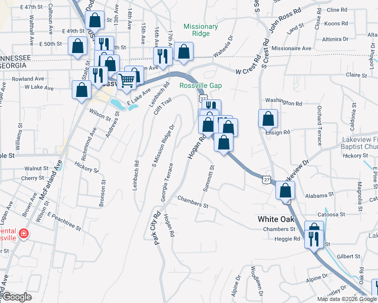 map of restaurants, bars, coffee shops, grocery stores, and more near 117 Hogan Road in Rossville