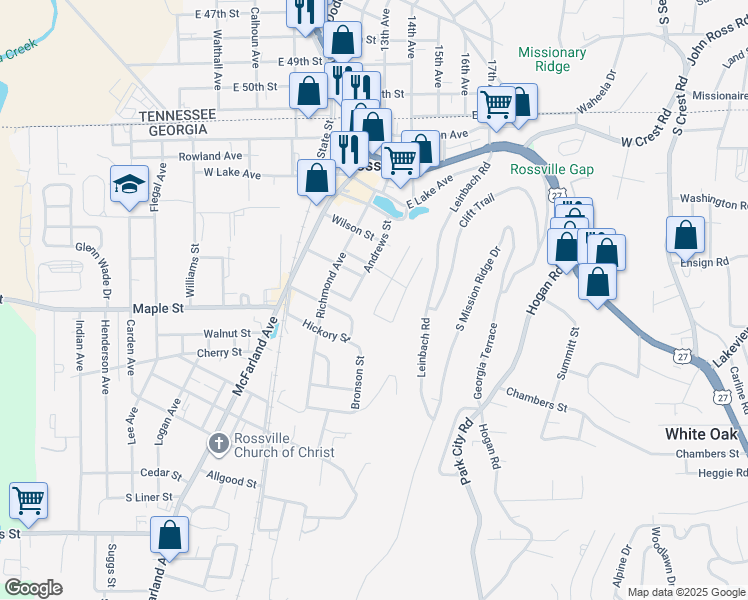 map of restaurants, bars, coffee shops, grocery stores, and more near 402 Missionary Avenue in Rossville