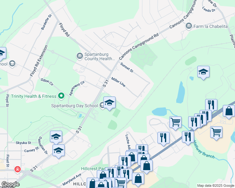 map of restaurants, bars, coffee shops, grocery stores, and more near 1703 Skylyn Drive in Spartanburg