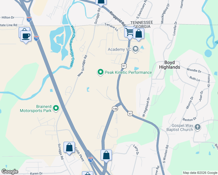 map of restaurants, bars, coffee shops, grocery stores, and more near 198 Biggs Road in Ringgold