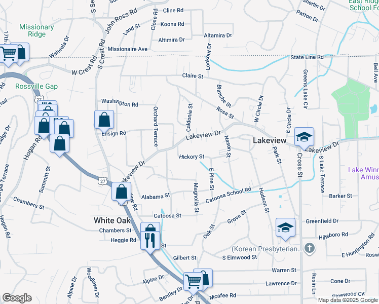 map of restaurants, bars, coffee shops, grocery stores, and more near 416 Hickory Street in Rossville