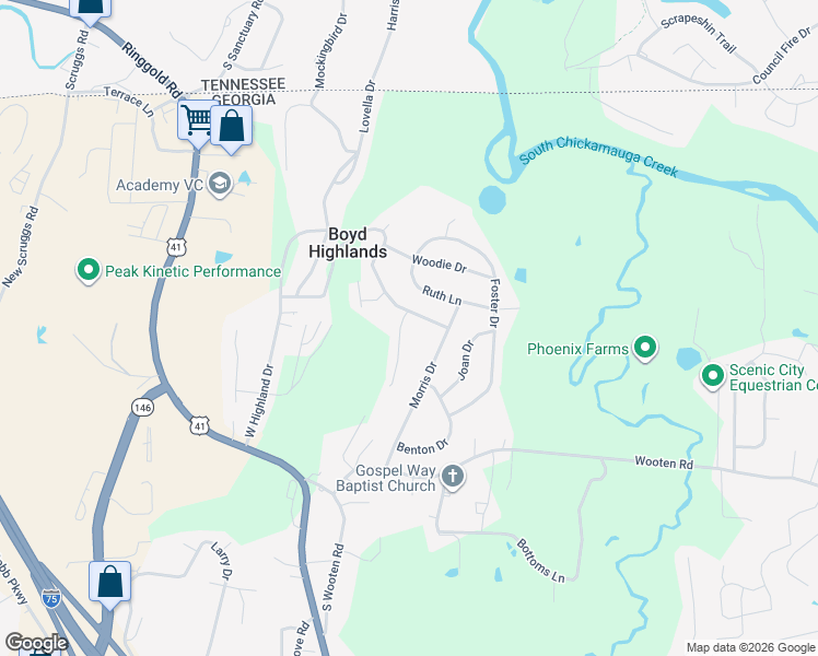 map of restaurants, bars, coffee shops, grocery stores, and more near 43 Stanley Parkway in Ringgold