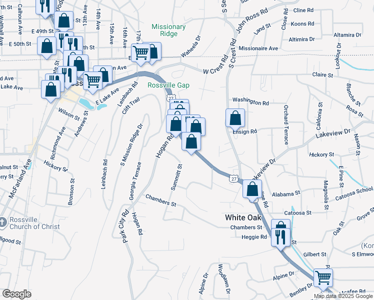 map of restaurants, bars, coffee shops, grocery stores, and more near 807 Chickamauga Avenue in Rossville