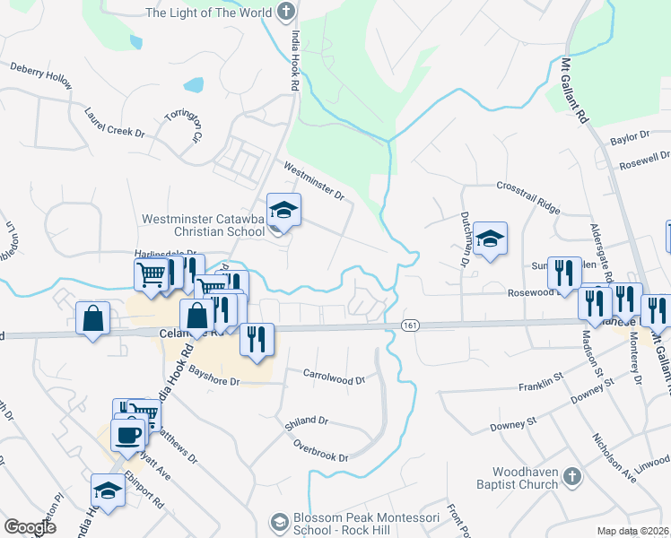map of restaurants, bars, coffee shops, grocery stores, and more near 2612 Camelot Drive in Rock Hill