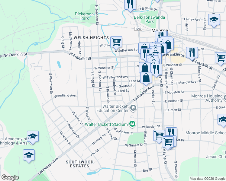 map of restaurants, bars, coffee shops, grocery stores, and more near 404 Sanford Street in Monroe