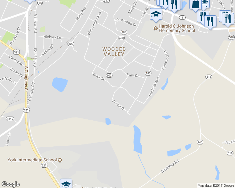 map of restaurants, bars, coffee shops, grocery stores, and more near 408 Forest Drive in York