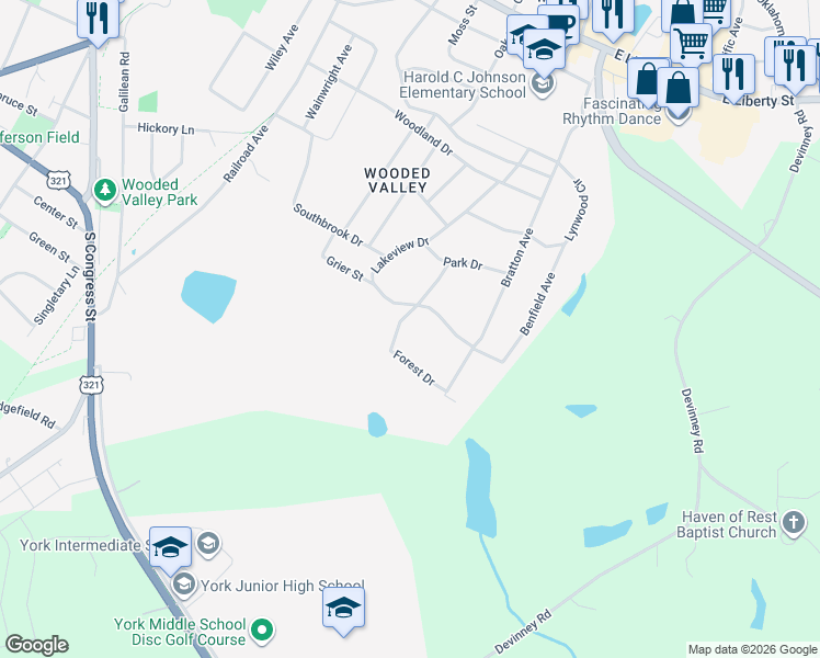 map of restaurants, bars, coffee shops, grocery stores, and more near 408 Forest Drive in York