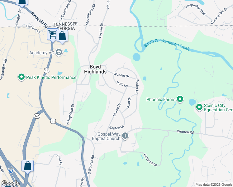 map of restaurants, bars, coffee shops, grocery stores, and more near 43 Stanley Parkway in Ringgold