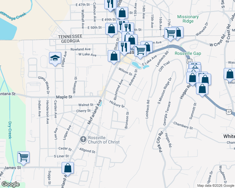 map of restaurants, bars, coffee shops, grocery stores, and more near 202 Beech Street in Rossville