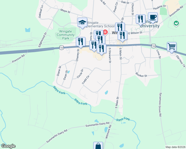 map of restaurants, bars, coffee shops, grocery stores, and more near 201 Todd Circle in Wingate