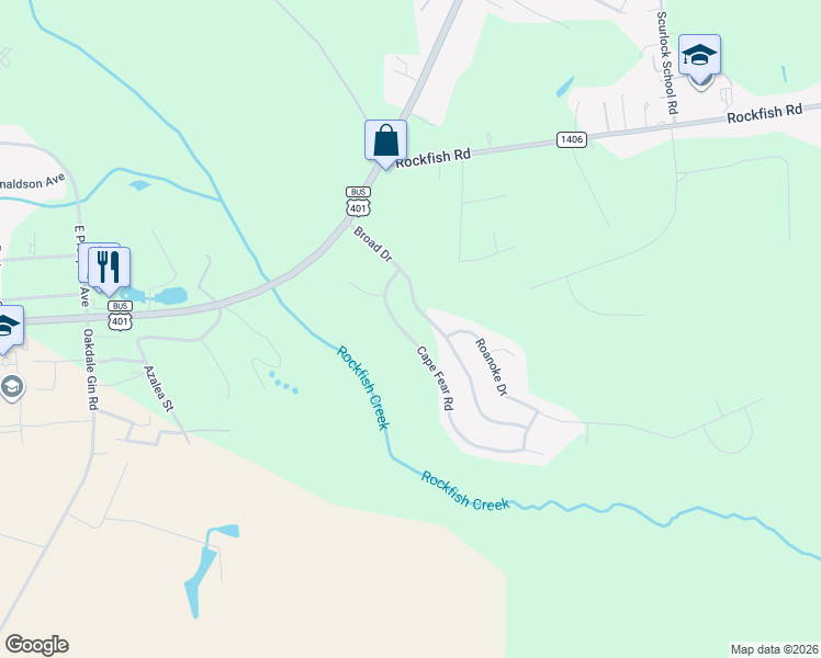 map of restaurants, bars, coffee shops, grocery stores, and more near 275 Cape Fear Road in Raeford