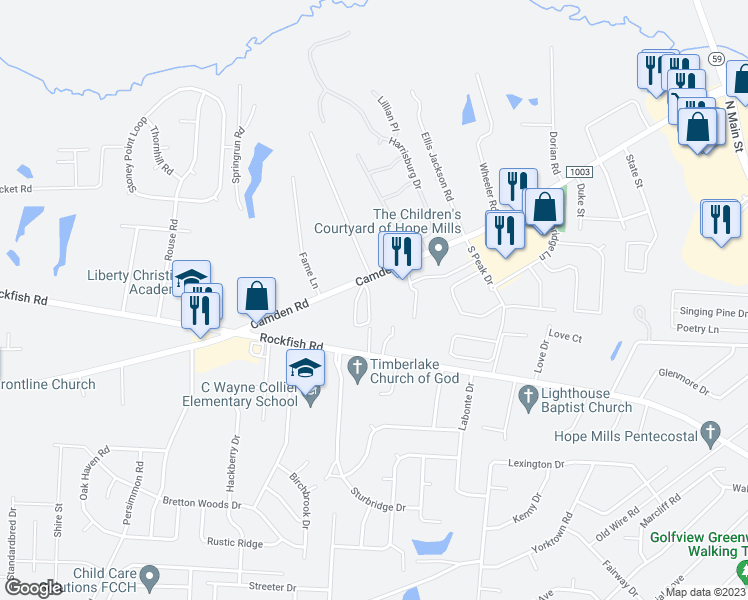 map of restaurants, bars, coffee shops, grocery stores, and more near 3453 Walterboro Drive in Hope Mills