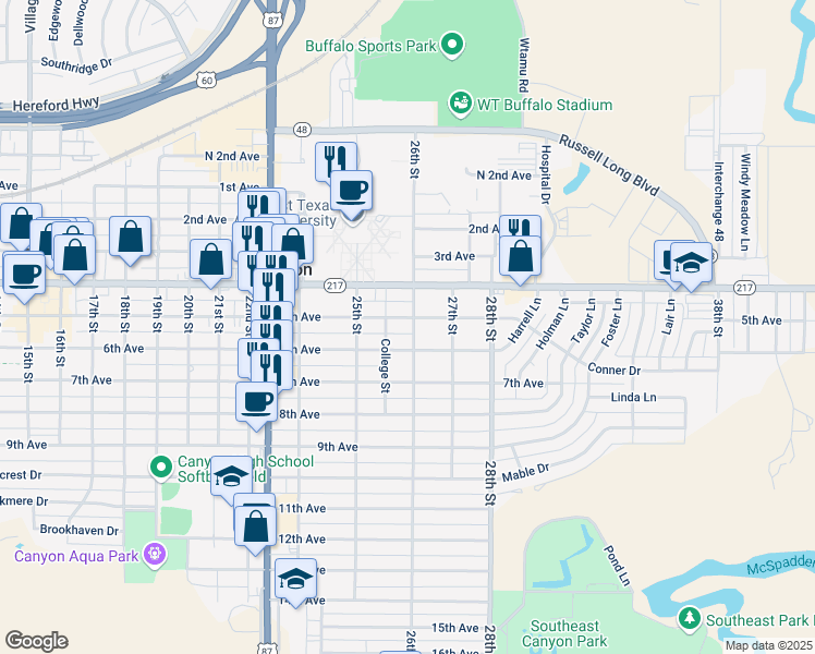 map of restaurants, bars, coffee shops, grocery stores, and more near 2514 5th Avenue in Canyon