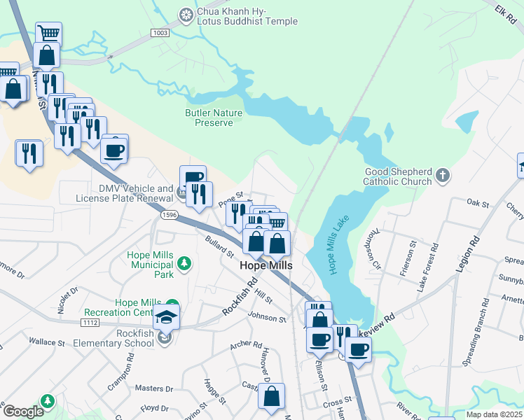 map of restaurants, bars, coffee shops, grocery stores, and more near 5510 Brown Street in Hope Mills