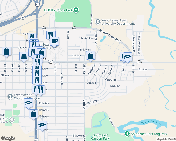 map of restaurants, bars, coffee shops, grocery stores, and more near 2808 Conner Drive in Canyon