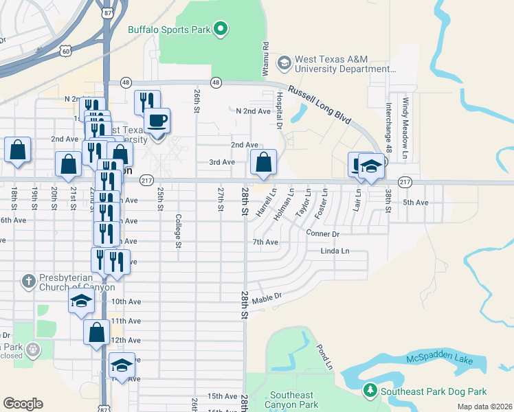 map of restaurants, bars, coffee shops, grocery stores, and more near 2808 Conner Drive in Canyon