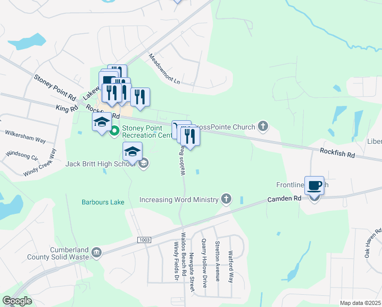 map of restaurants, bars, coffee shops, grocery stores, and more near 5555 Waldos Beach Road in Fayetteville