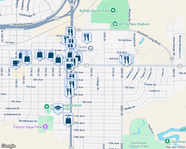 map of restaurants, bars, coffee shops, grocery stores, and more near 500-510 25th Street in Canyon