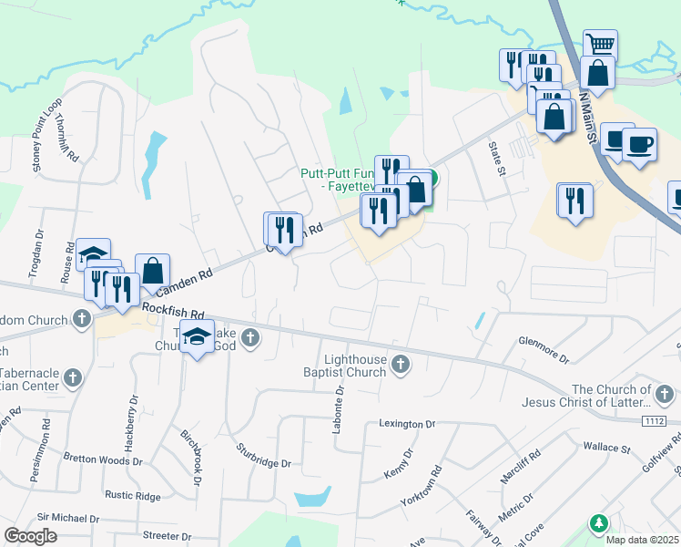 map of restaurants, bars, coffee shops, grocery stores, and more near 3545 Birchfield Court in Hope Mills