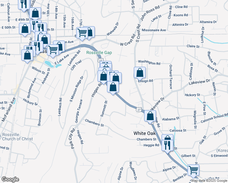 map of restaurants, bars, coffee shops, grocery stores, and more near 807 Chickamauga Avenue in Rossville