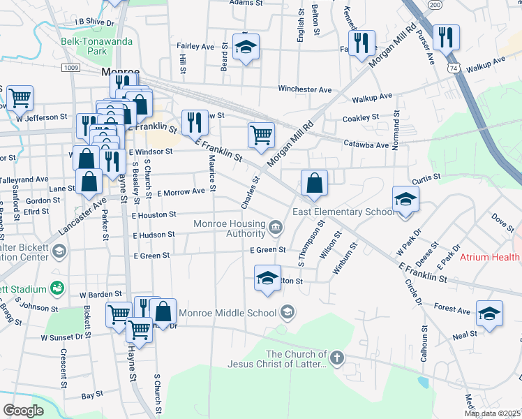 map of restaurants, bars, coffee shops, grocery stores, and more near 509 Everette Street in Monroe