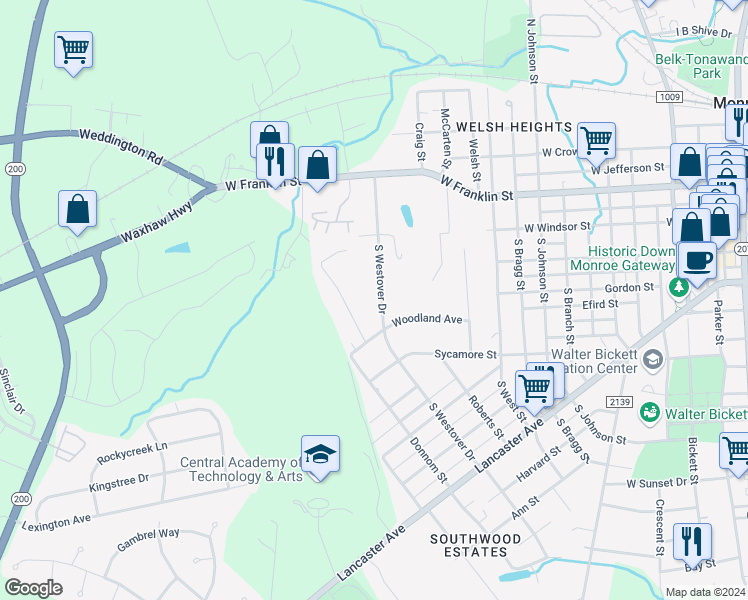 map of restaurants, bars, coffee shops, grocery stores, and more near 120 South Westover Drive in Monroe