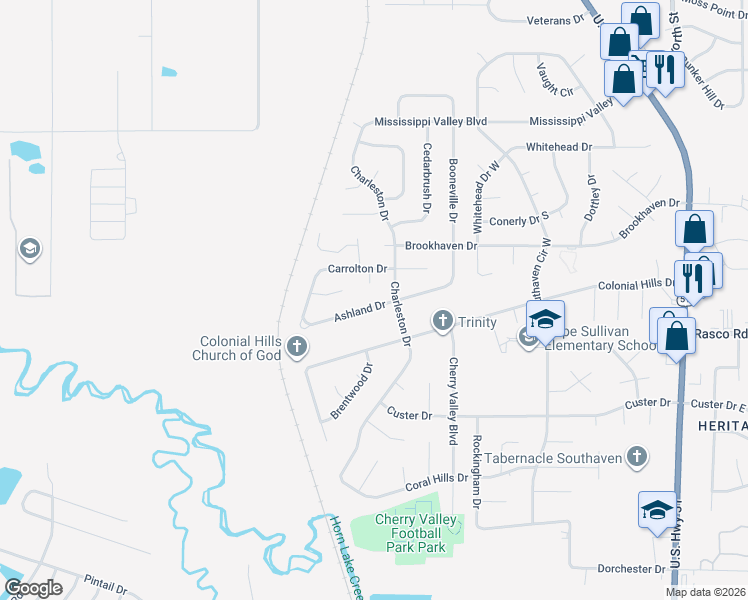 map of restaurants, bars, coffee shops, grocery stores, and more near 2184 Ashland Drive in Southaven