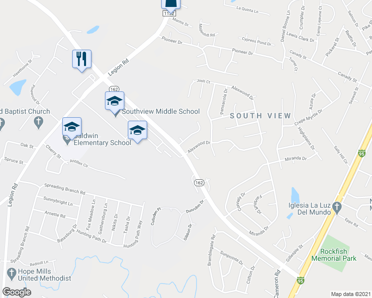 map of restaurants, bars, coffee shops, grocery stores, and more near 601 Alexwood Drive in Hope Mills