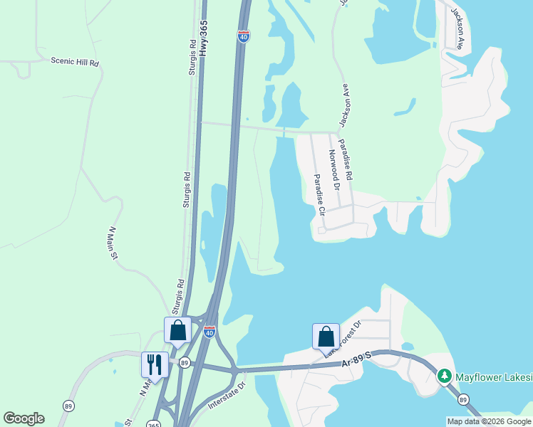 map of restaurants, bars, coffee shops, grocery stores, and more near 45 East Ridge Road in Mayflower