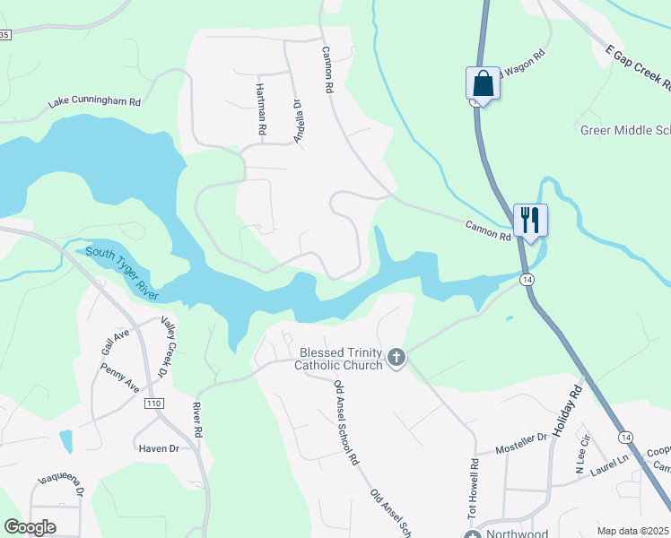 map of restaurants, bars, coffee shops, grocery stores, and more near 1228 Lake Cunningham Road in Greer