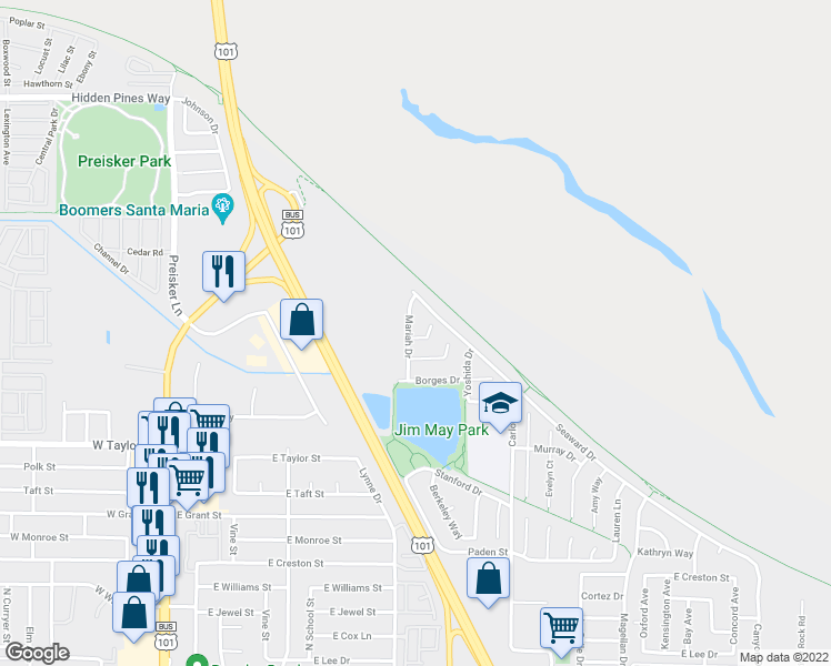 map of restaurants, bars, coffee shops, grocery stores, and more near 2034 Mariah Drive in Santa Maria