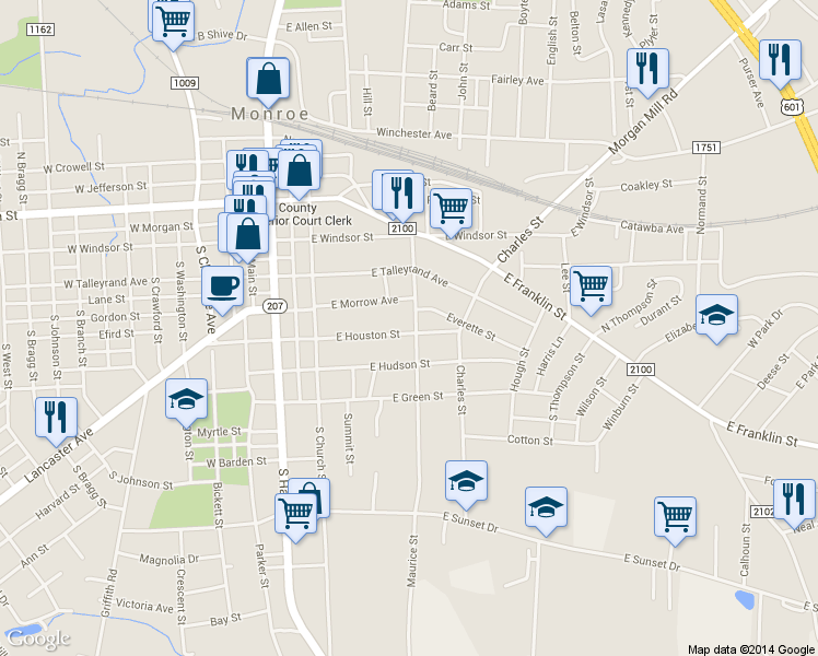 map of restaurants, bars, coffee shops, grocery stores, and more near 323 E Houston St in Monroe