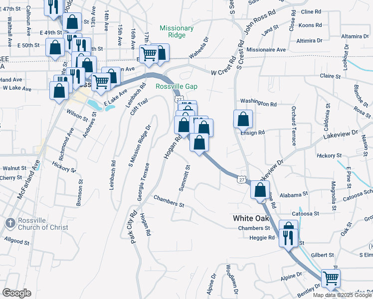 map of restaurants, bars, coffee shops, grocery stores, and more near 805 1/2 Chickamauga Ave in Rossville
