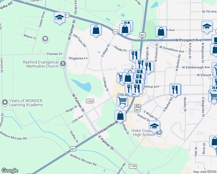map of restaurants, bars, coffee shops, grocery stores, and more near 420 College Drive in Raeford