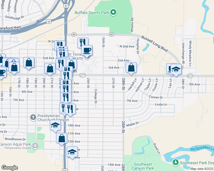 map of restaurants, bars, coffee shops, grocery stores, and more near 2604 5th Avenue in Canyon