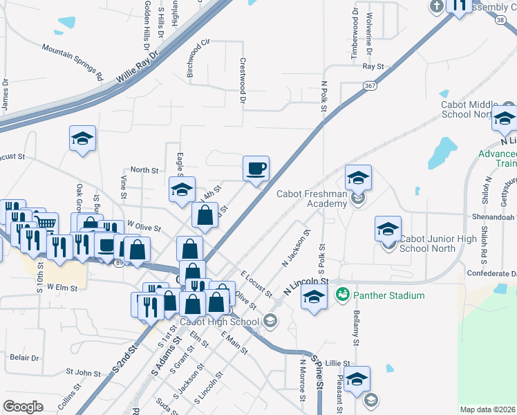 map of restaurants, bars, coffee shops, grocery stores, and more near 707 North 2nd Street in Cabot